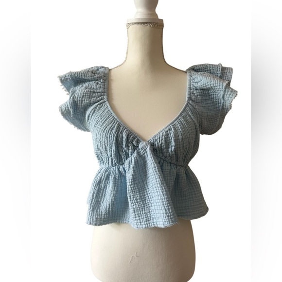 BUCKETLIST Tops - Bucket List Blue Gauze Ruffle Sleeve Babydoll Peplum Crop Top Cottagecore Large
